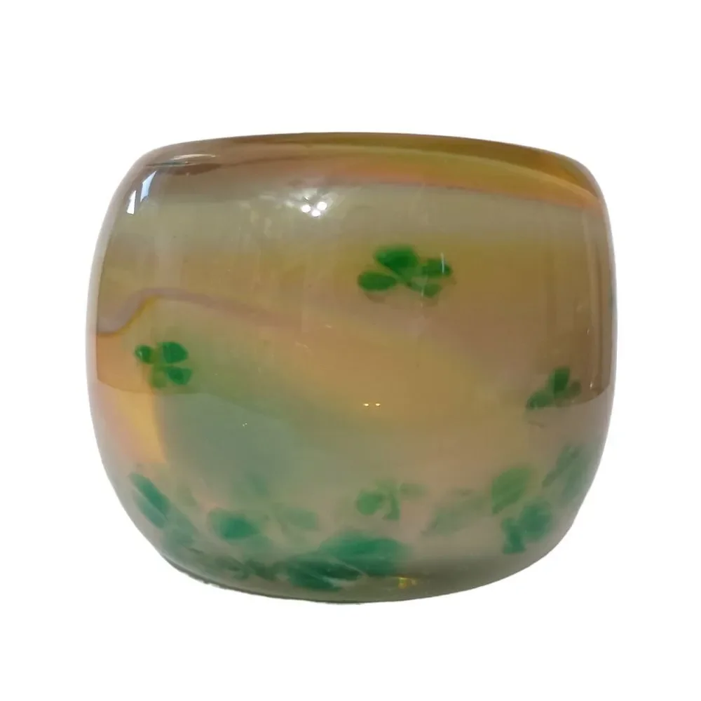 Hand Blown Studio Art Glass Votive Candle Holder Green Floral Tealight‎ Signed